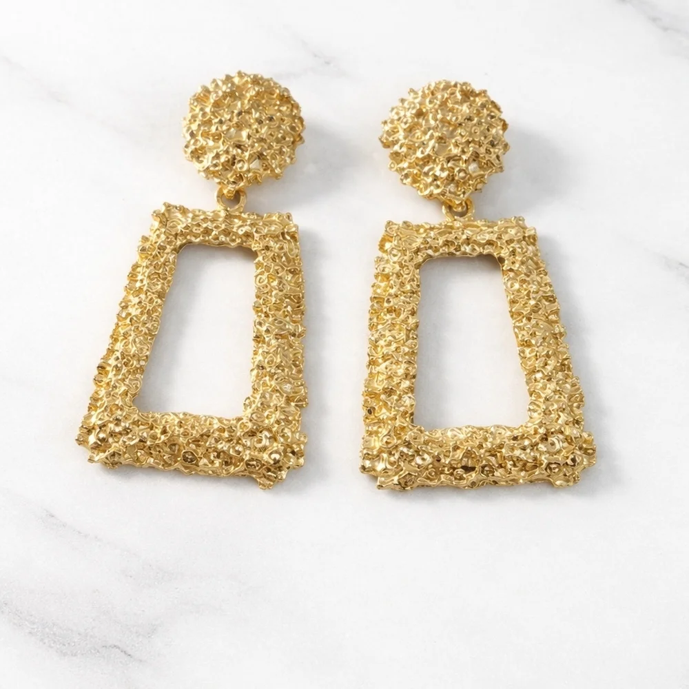 Gold Textured Drop Statement Earrings.
